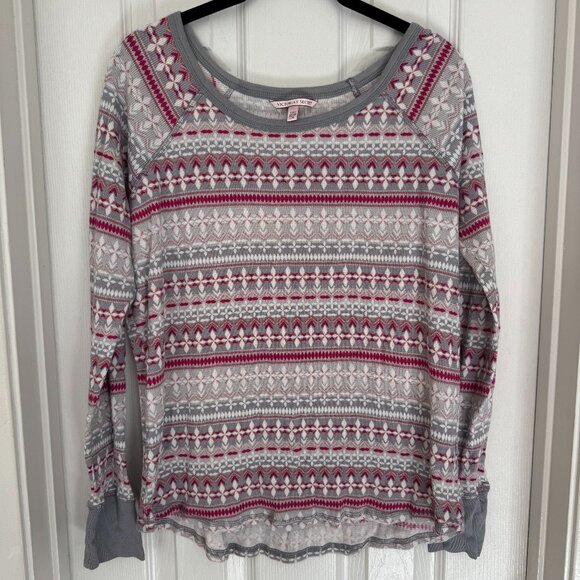 EUC Victoria’s Secret Thermal Top Fair Isle Gray, Pink, and White Color, Size L - Picture 1 of 9
